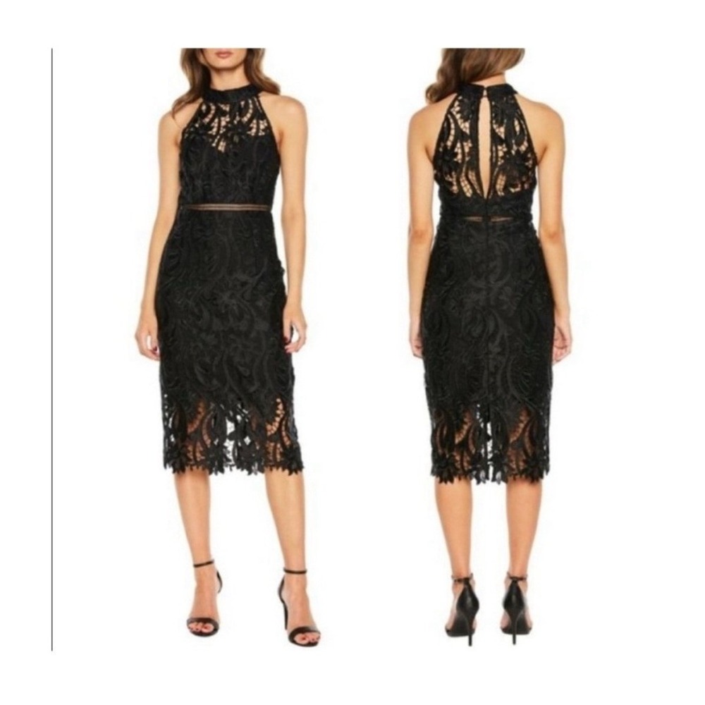 Women's Bardot Black Lace‎ Halter Midi Dress Size US 6/UK 10